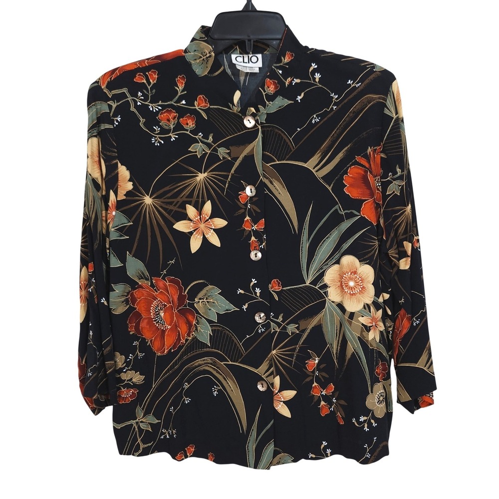 Vintage 90s Clio Button Front Blouse Women Medium Tropical Floral Rayon USA Made